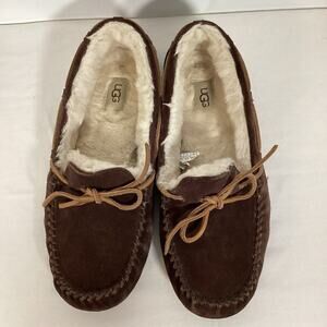 UGG Suede Leather Sheepskin Sherpa Lined Moccasin Slippers Women 10 Brown‎ Warm